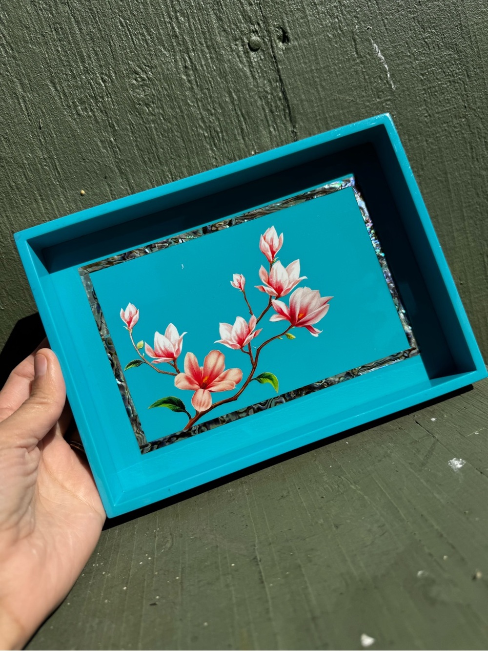 Turquoise Floral Vanity Tray with Pink Blossom and Mother of Pearl lay out
